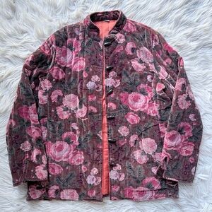 Vintage velour velvet boho cottagecore grandma floral quilted blanket jacket S
